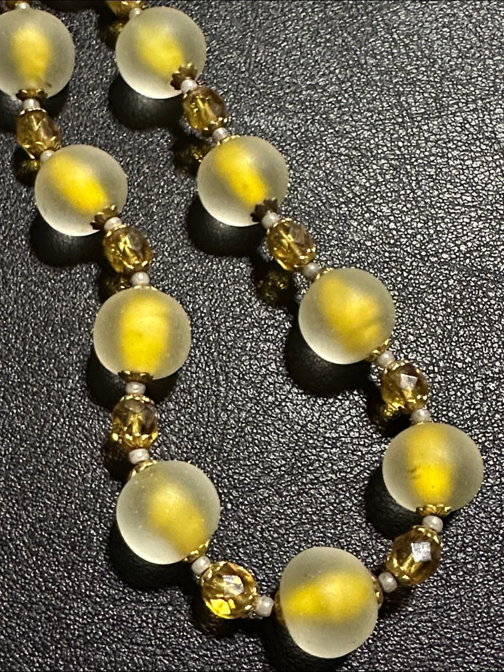 Mid Century Frosted Givre Satin Glass & Faceted Crystal VTG Bead Necklace